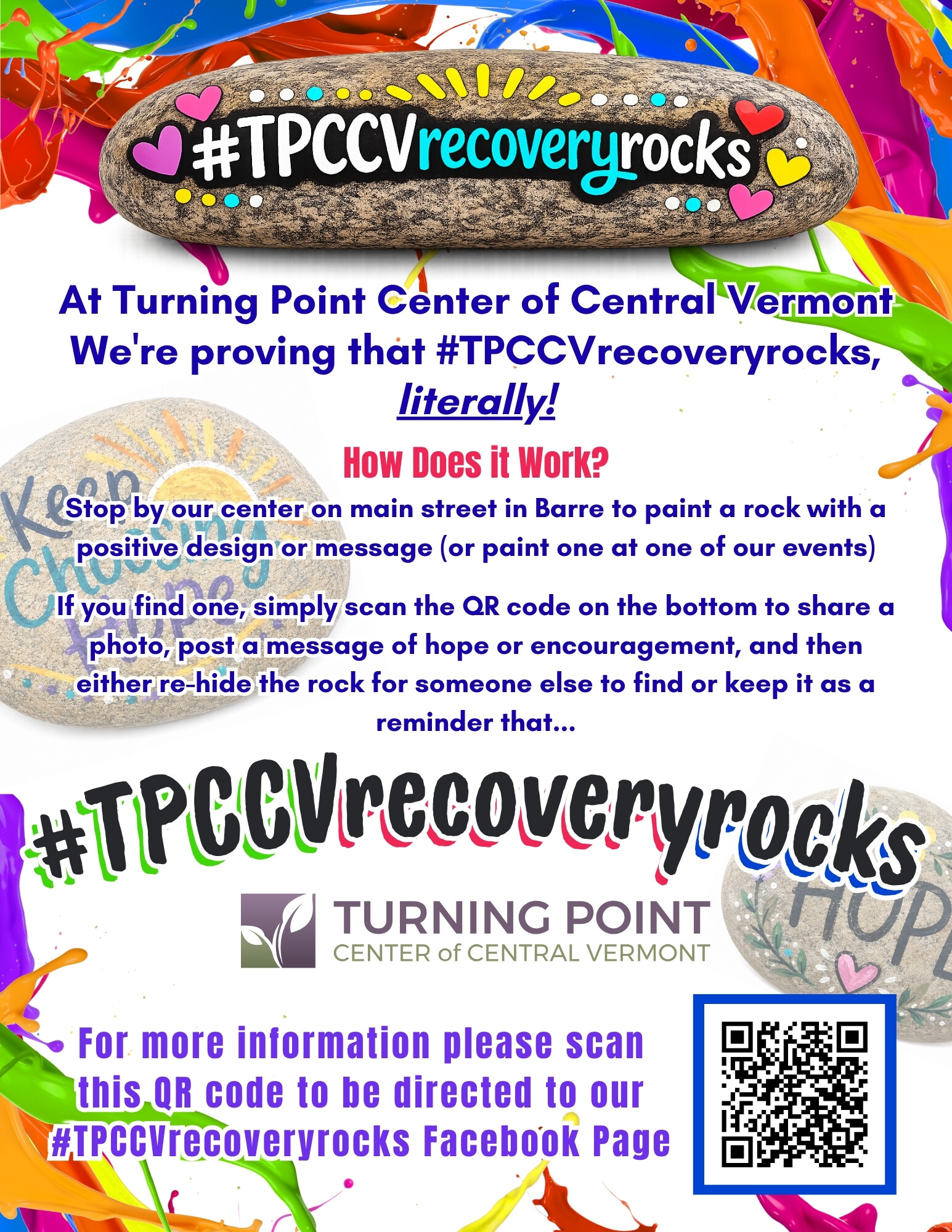 Promotional flyer for #TPCCVrecoveryrocks initiative with painted rocks and instructions.