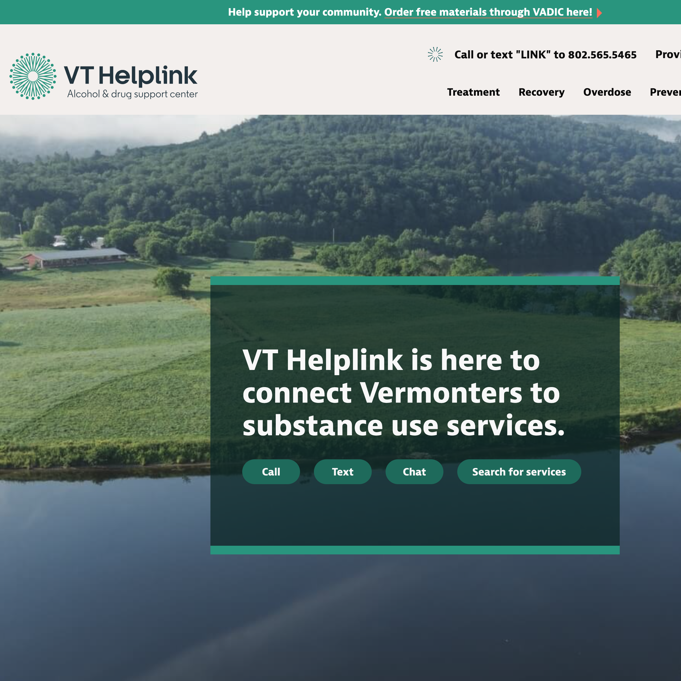 VT Helplink website offering substance use services in Vermont, featuring contact options.