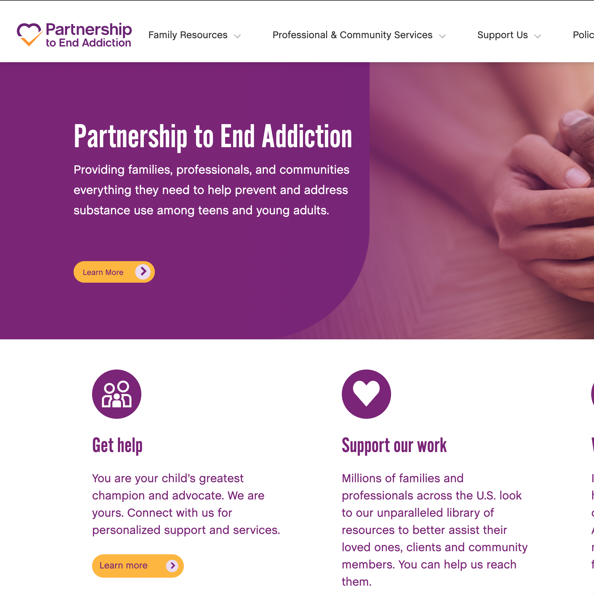 Website image promoting Partnership to End Addiction, offering resources for prevention and support.
