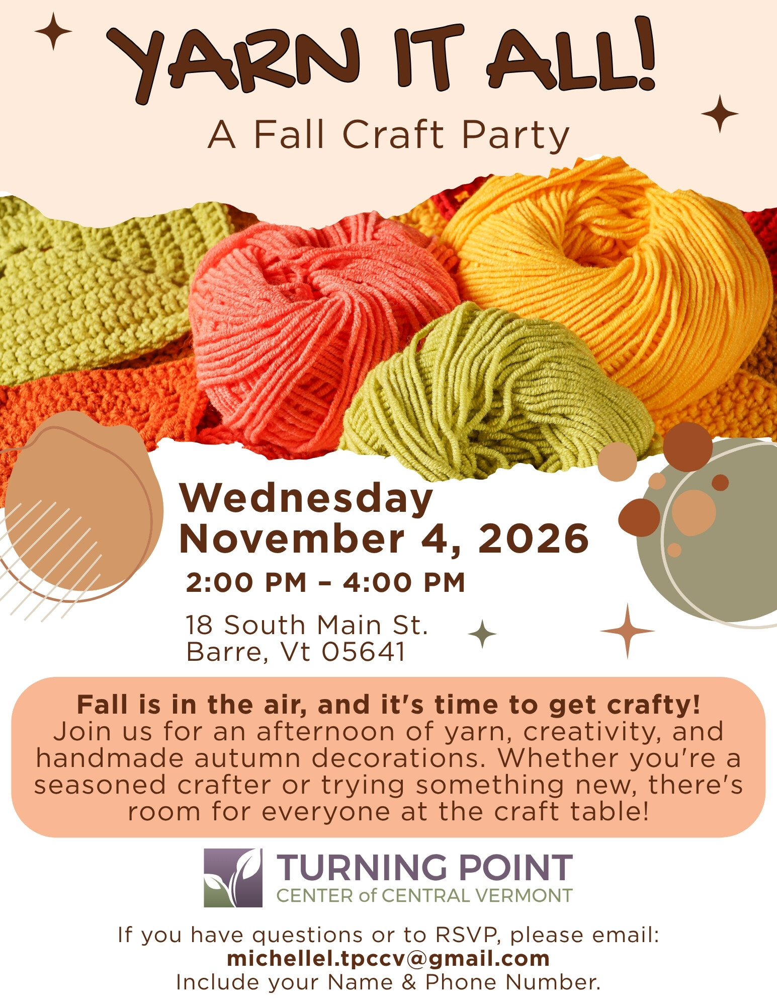 Fall craft party invitation featuring colorful yarns for creative activities on November 4, 2026.