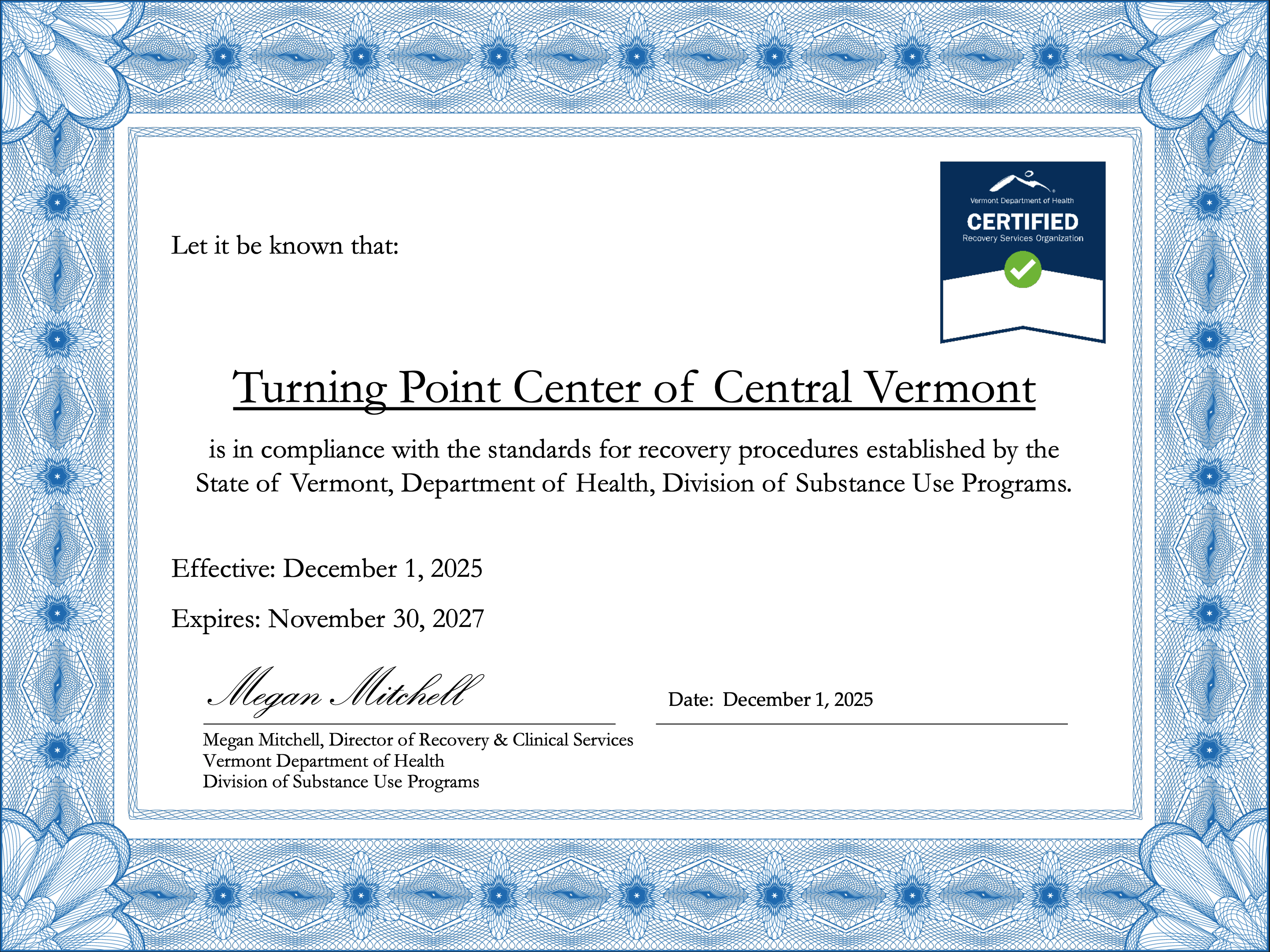 Certificate of compliance for Turning Point Center of Central Vermont, effective 2025-2027.